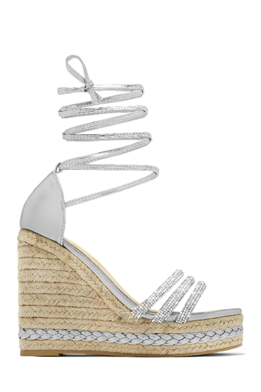 Malibu Yacht Embellished Lace Up Platform Wedges - Silver